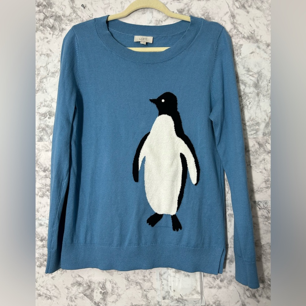 LOFT Blue Crewneck Sweater with Penguin Graphic.  56